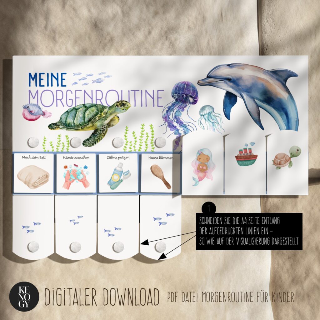 Morgenroutine Kinder & Abendroutine Kinder PDF – Ocean Delfine & Quallen Aquarell Routineplan zum Ausdrucken 1