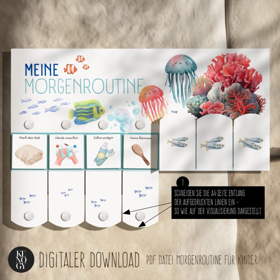 Morgenroutine Kinder & Abendroutine Kinder PDF – Ocean Fische, Korallen & Krebse Aquarell Routineplan zum Ausdrucken | Montessori Checkliste 3