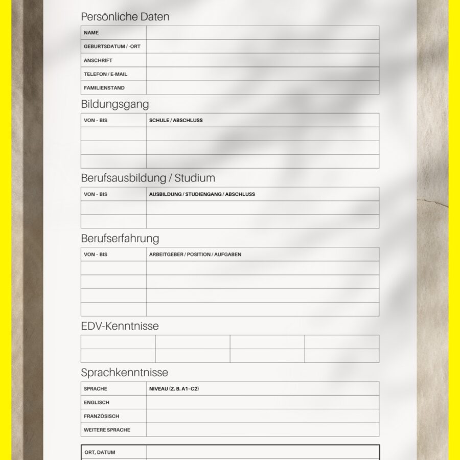 Professioneller tabellarischer Lebenslauf für die Personalabteilung – PDF Formular zum Ausdrucken