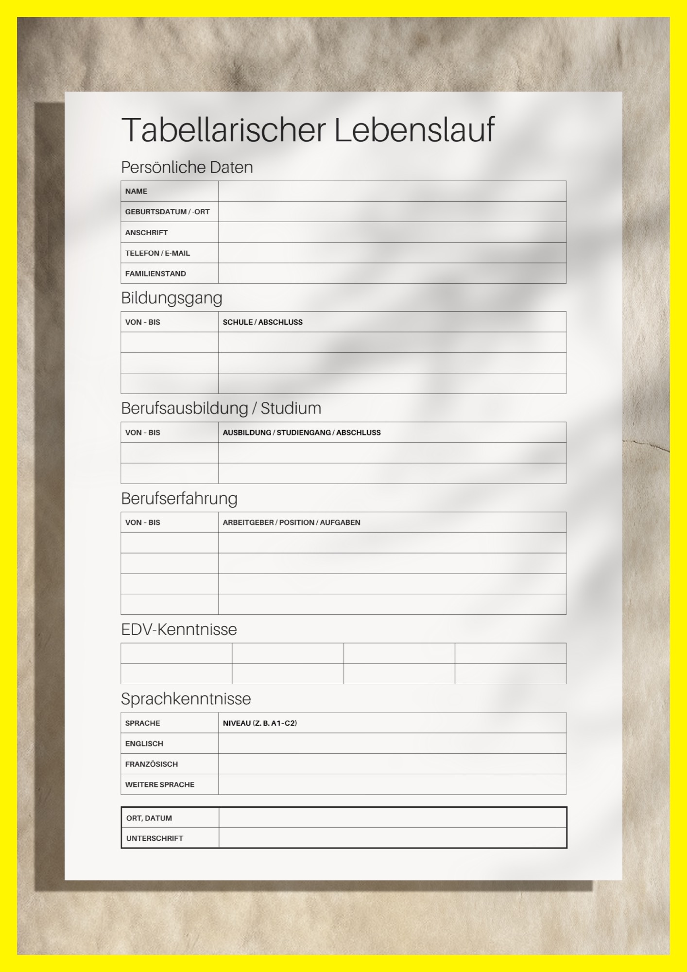 Professioneller tabellarischer Lebenslauf für die Personalabteilung – PDF Formular zum Ausdrucken