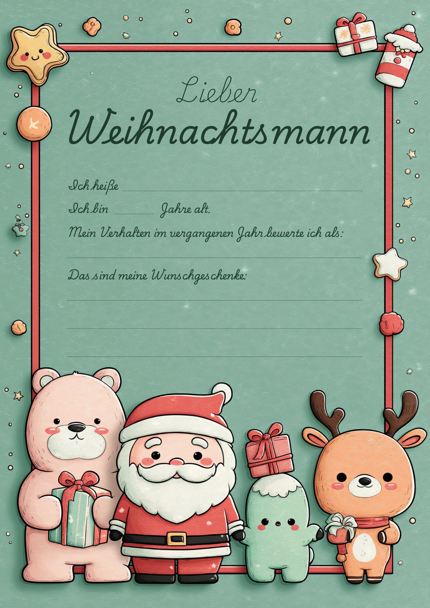 Grün Hellrot Kindliche Illustration Brief an den Weihnachtsmann