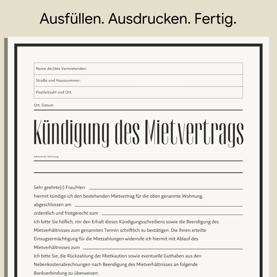 Professionell Kündigung des Mietvertrags der Wohnung Dokument A4-Format-1