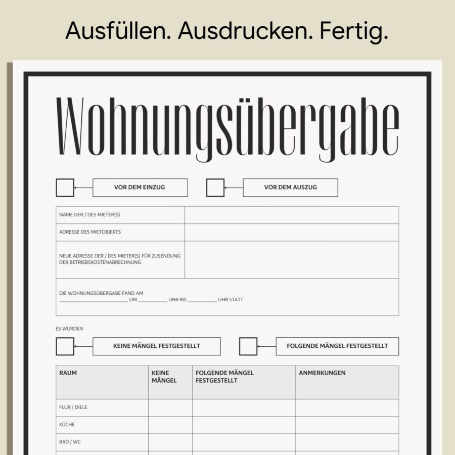 Professionell Wohnungsübergabeprotokoll Dokument A4-Format-3
