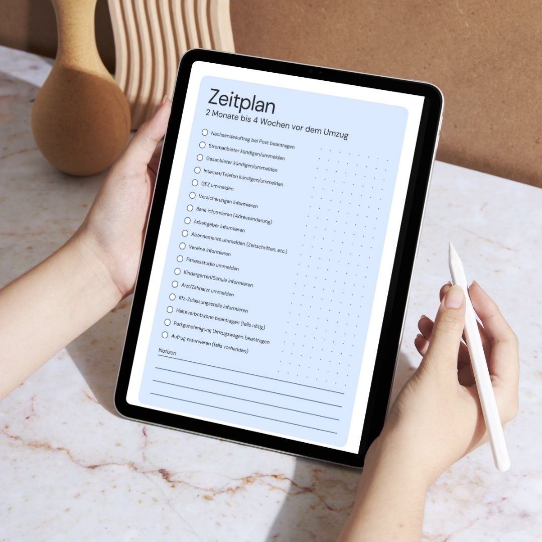 Blau Weiß und Schwarz Einfach Modern Umzugsplaner A4 Dokument-vis-Ipad