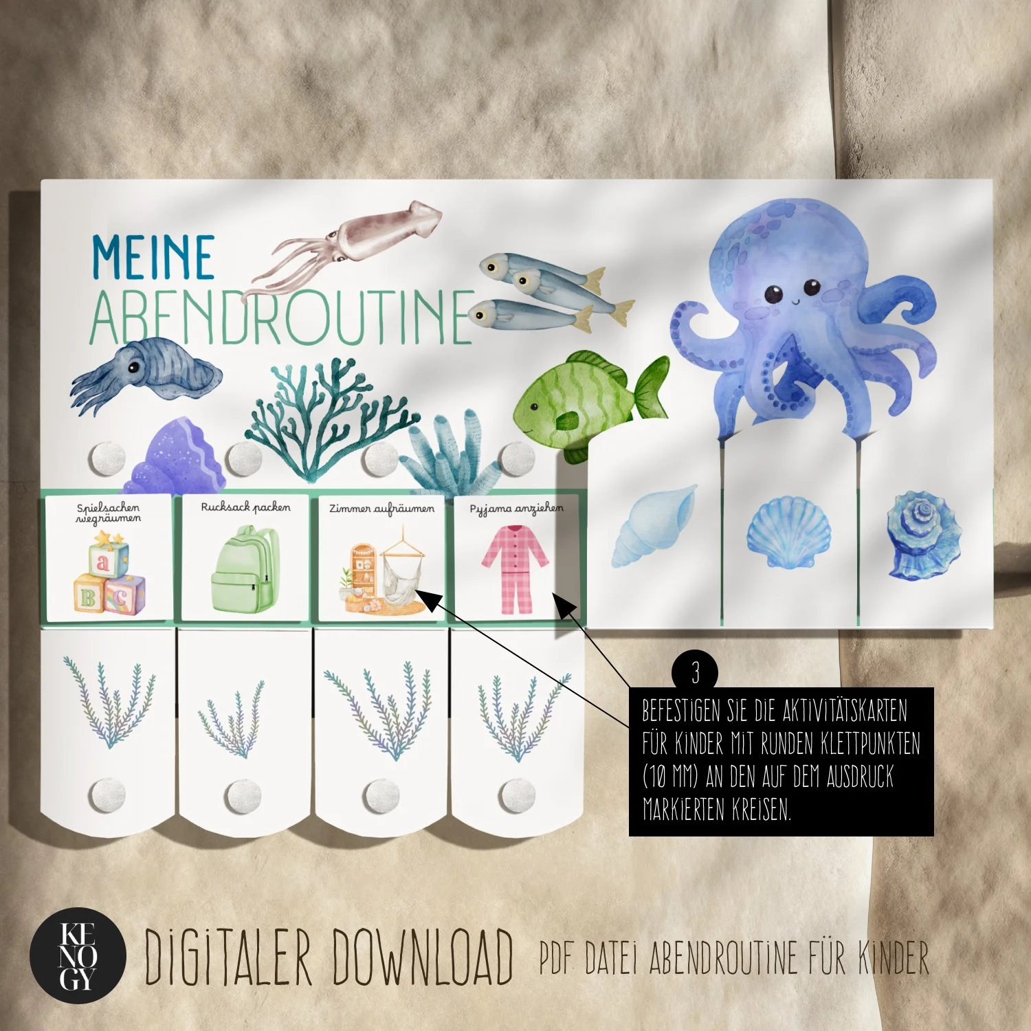 morgenroutine kinder pdf - Abendroutine-Poster Kenogy OKTOPUS mit aufgeklebten Routinekarten